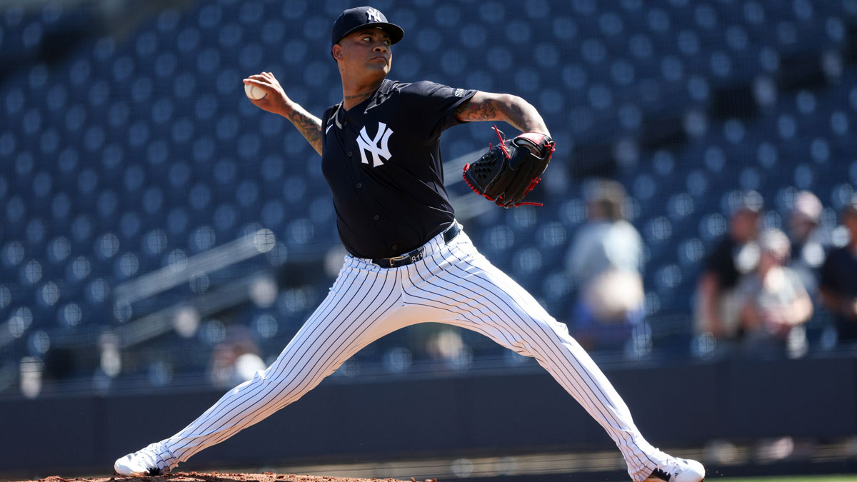 New York Yankees starting pitcher Luis Gil (81) participates in spring training workouts at George M. Steinbrenner Field.