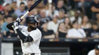 Jul 28, 2025; Chicago, Illinois, USA; Chicago White Sox center fielder Luis Robert Jr. (88) bats against the Philadelphia Phillies during the sixth inning at Rate Field.
