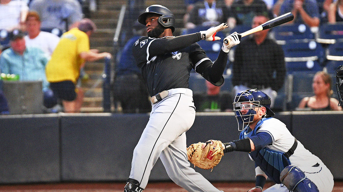 Chicago White Sox centerfielder Luis Robert Jr. (88) hits a RBI single in the second inning against the Tampa Bay Rays at George M. Steinbrenner Field. Mandatory Credit: Jonathan Dyer-Imagn Images