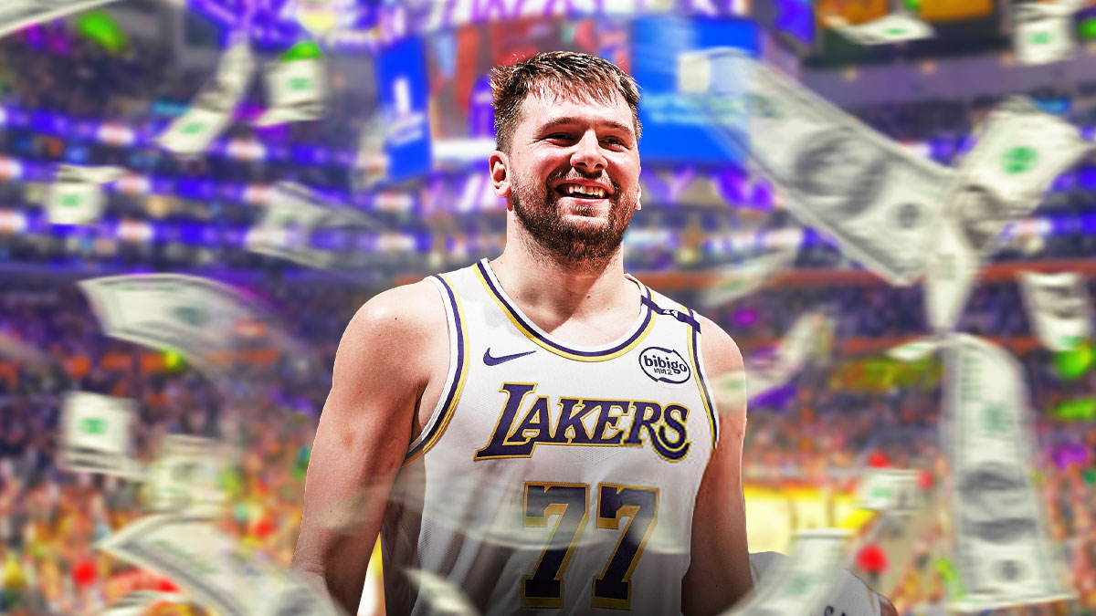 Lakers' Luka Doncic with money falling around him