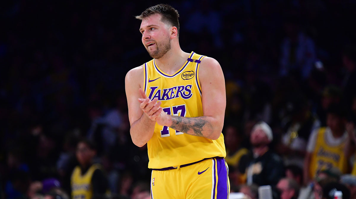 Los Angeles Lakers guard Luka Doncic (77) reacts during the second half in game five of first round for the 2025 NBA Playoffs at Crypto.com Arena.