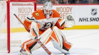 Anaheim Ducks goaltender Lukas Dostal (1) watches play against the Minnesota Wild in the second period at Xcel Energy Center.