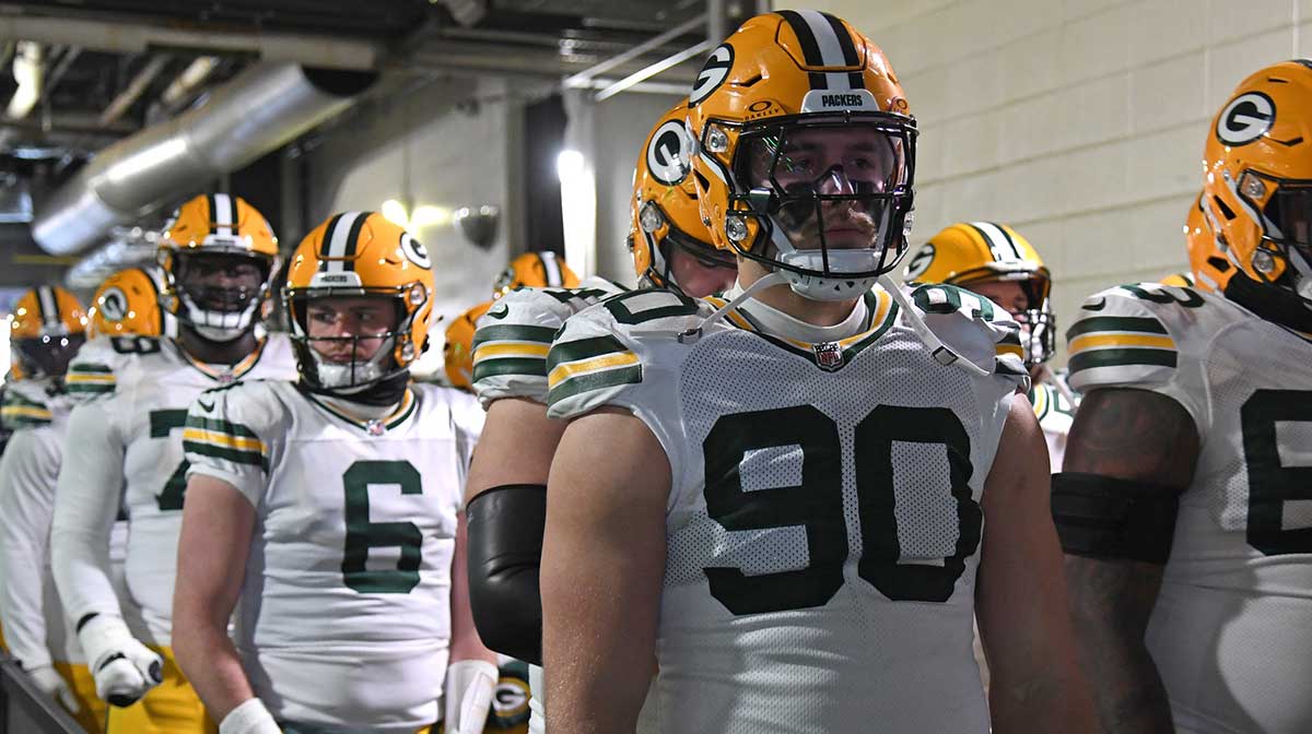 Green Bay Packers defensive end Lukas Van Ness (90) waits in the tunnel against the Philadelphia Eagles in an NFC wild card game at Lincoln Financial Field.
