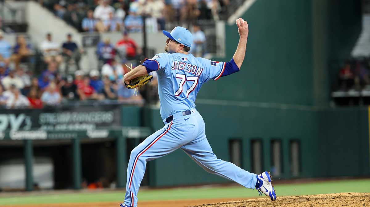 Jun 15, 2025; Arlington, Texas, USA; Texas Rangers relief pitcher Luke Jackson (77) throws during the ninth inning against the Chicago White Sox at Globe Life Field.