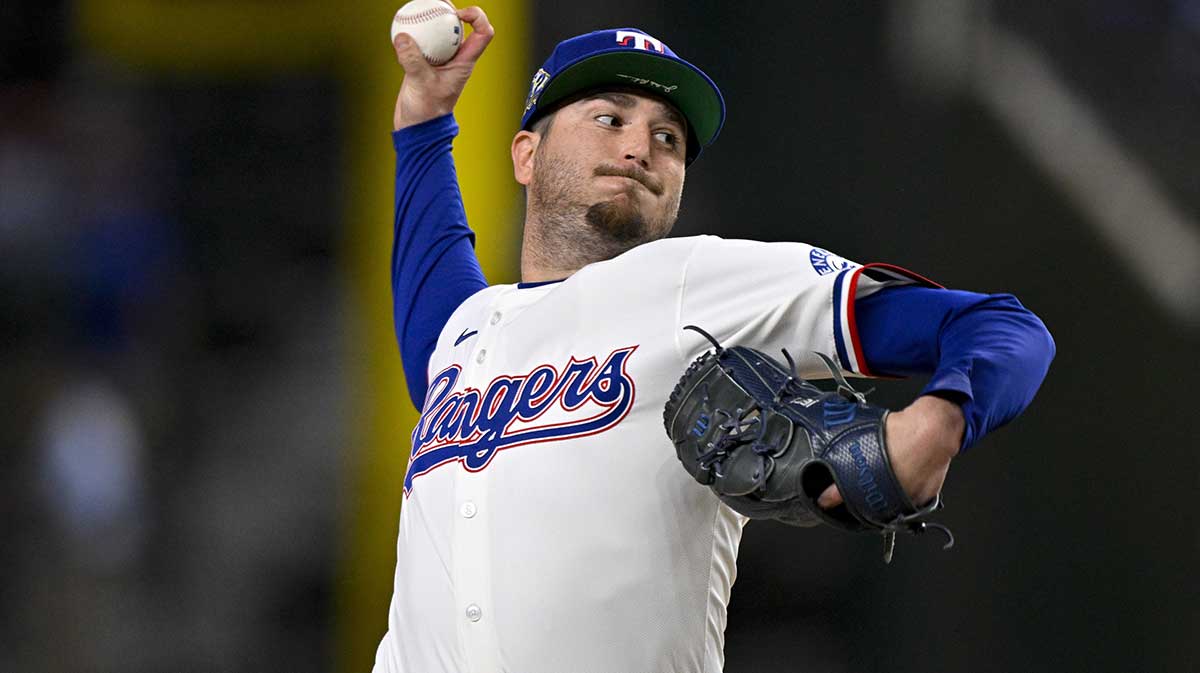 Texas Rangers relief pitcher Luke Jackson pitches against the Los Angeles Angels during the ninth inning at Globe Life Field. All MLB players will be wearing the number 42 on Jackie Robinson Day to commemorate Robinson making his major league debut in 1947.