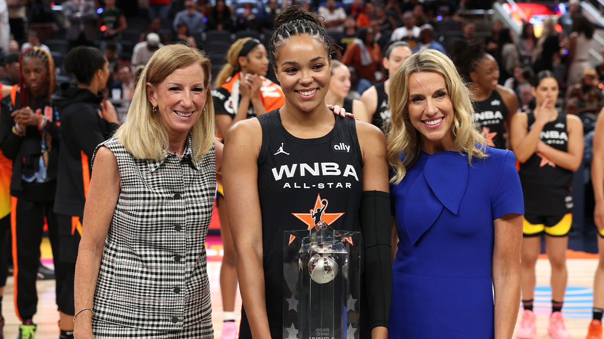 Team Collier forward Napheesa Collier (24) celebrates with the trophy and commissioner Cathy Engelbert (left) after winning the 2025 WNBA All Star Game at Gainbridge Fieldhouse.