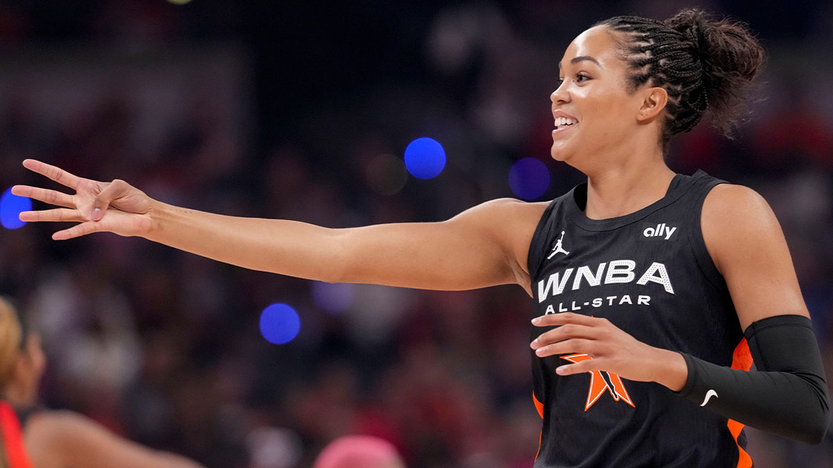 Minnesota Lynx's Napheesa Collier (24) celebrates a 4-pointer Saturday, July 19, 2025, during the WNBA All-Star Game at Gainbridge Fieldhouse in Indianapolis.