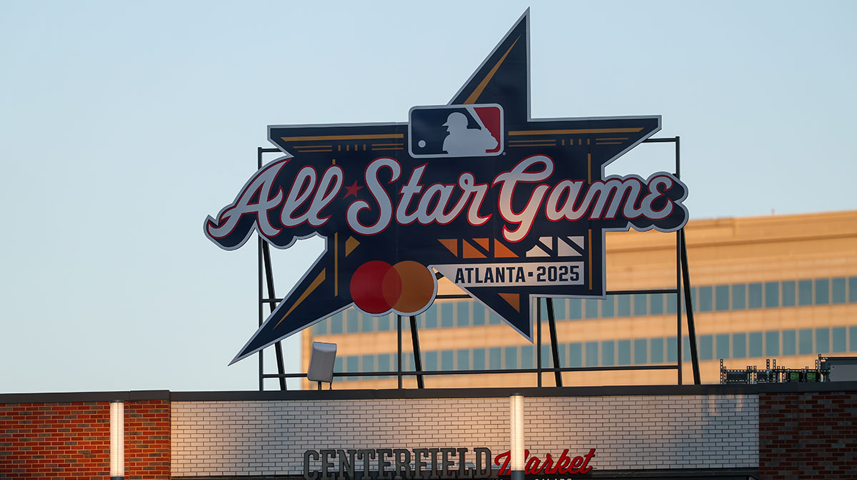 The all star game logo on a sign at Truist Park during a game between the Atlanta Braves and Los Angeles Angels in the third inning