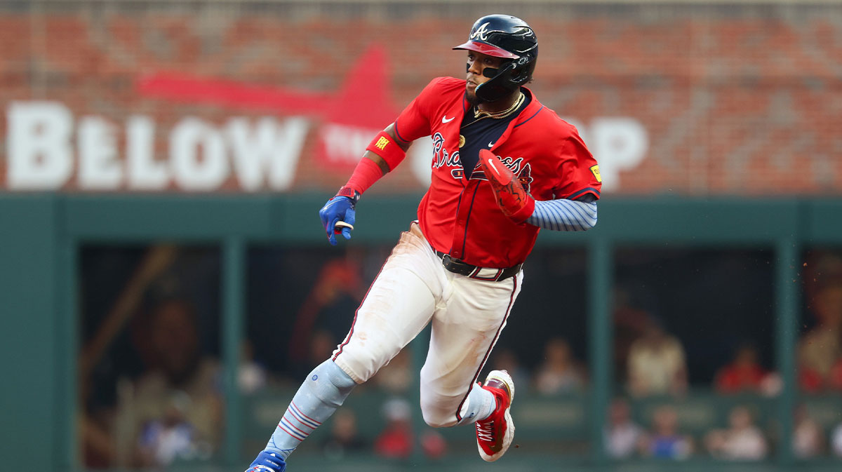 Atlanta Braves right fielder Ronald Acuna Jr. (13) runs to third against the Baltimore Orioles in the third inning at Truist Park.