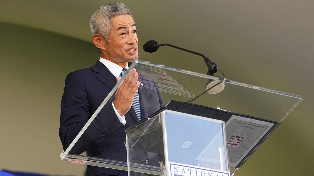 Hall of Fame inductee Ichiro Suzuki makes his Baseball Hall of Fame acceptance speech during the Baseball Hall of Fame Induction Ceremony at the Clark Sports Center in Cooperstown.