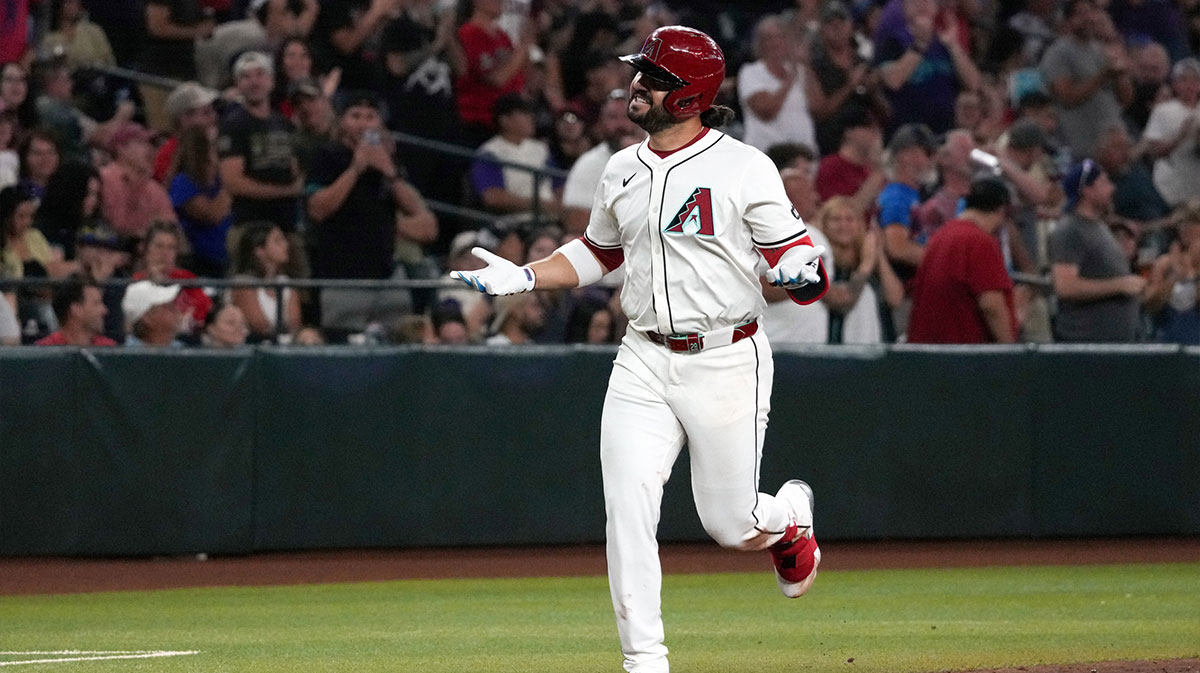 Arizona Diamondbacks third base Eugenio Suarez (28) reacts after hitting a solo home run against the St. Louis Cardinals in the third inning at Chase Field. Mandatory Credit: Rick Scuteri-Imagn Images