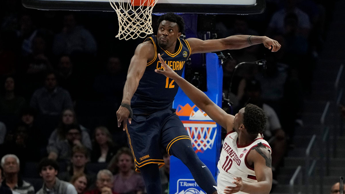 Stanford Cardinal forward Chisom Okpara (10) scores and is fouled as California Golden Bears center Mady Sissoko (12) defends late in the second half at Spectrum Center.