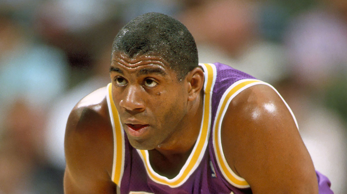 Los Angeles Lakers guard Magic Johnson in action against the Orlando Magic during the 1991 season at the Orlando Arena.