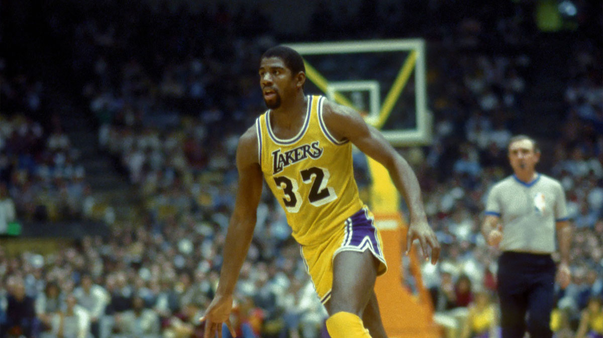 Los Angeles Lakers guard (32) Magic Johnson in action during the 1983 season.