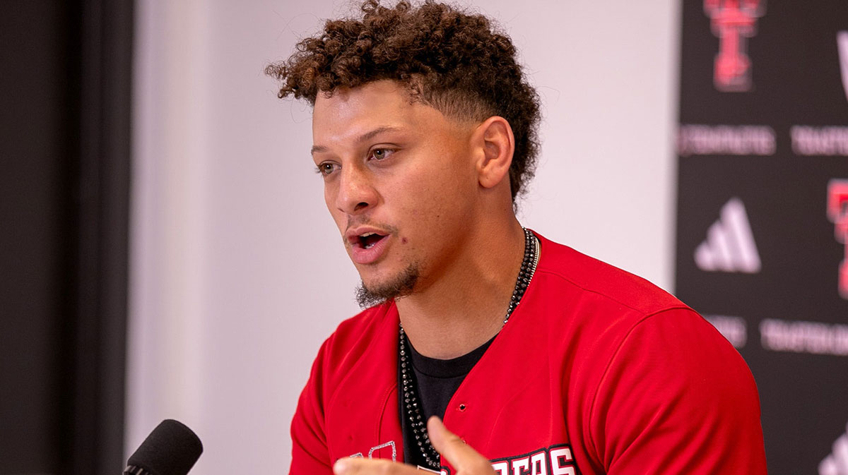 Texas Tech alum and Kansas City Chiefs quarterback Patrick Mahomes attends a press conference at Jones AT&T Stadium, Friday, Aug. 23, 2024.