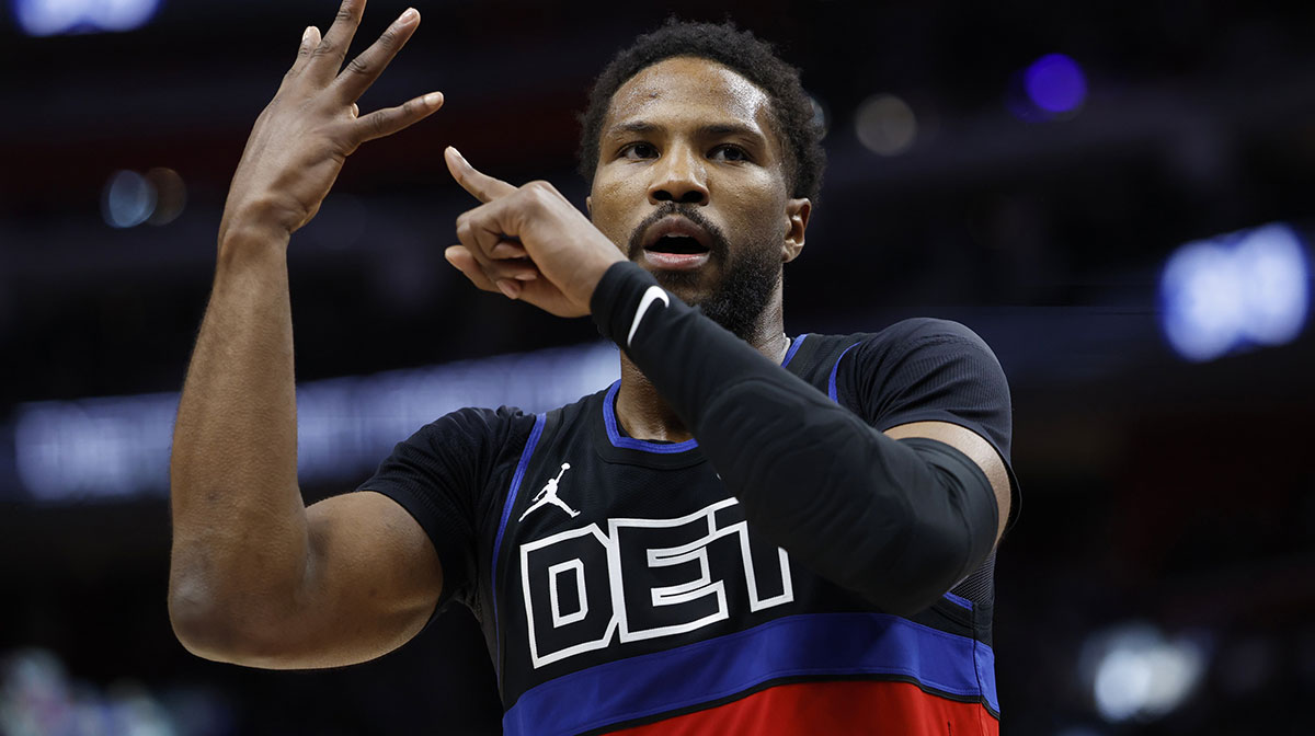 Detroit Pistons guard Malik Beasley (5) celebrates in the second half against the Washington Wizards at Little Caesars Arena.
