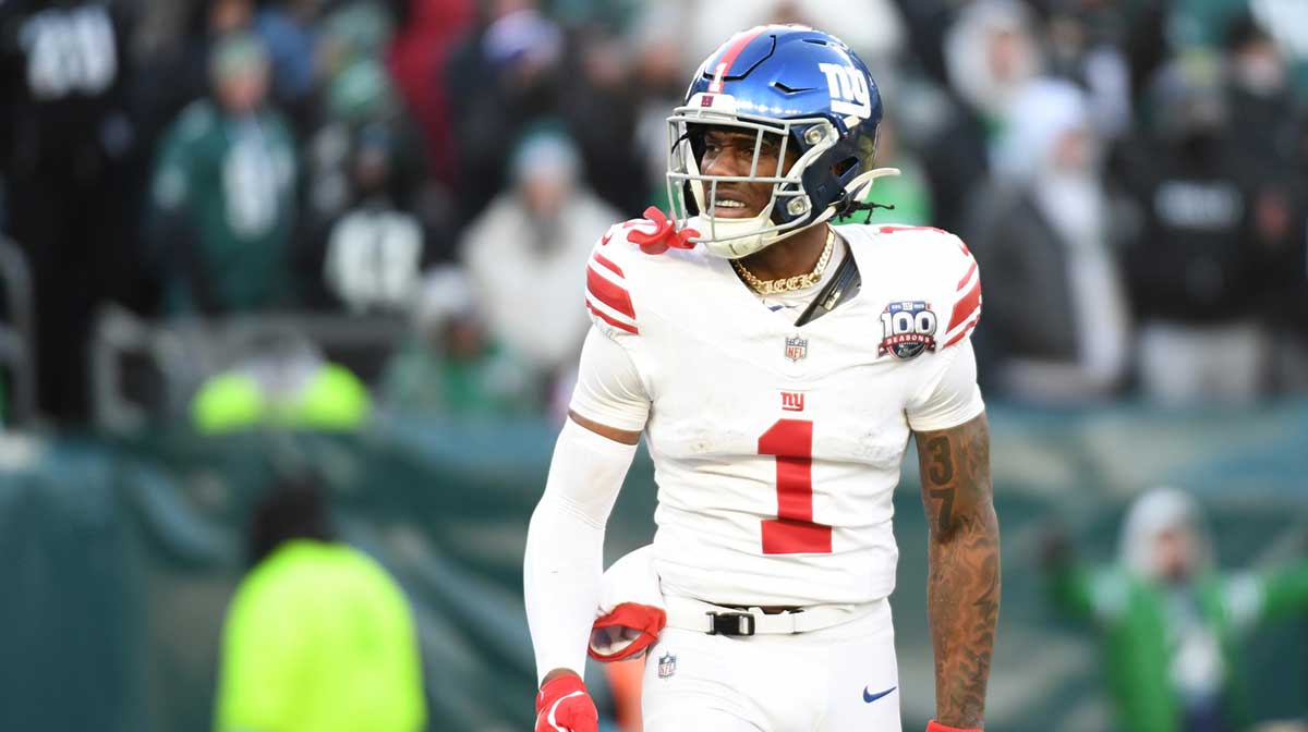 New York Giants wide receiver Malik Nabers (1) celebrates his 45-yard touchdown catch against the Philadelphia Eagles during the fourth quarter at Lincoln Financial Field.