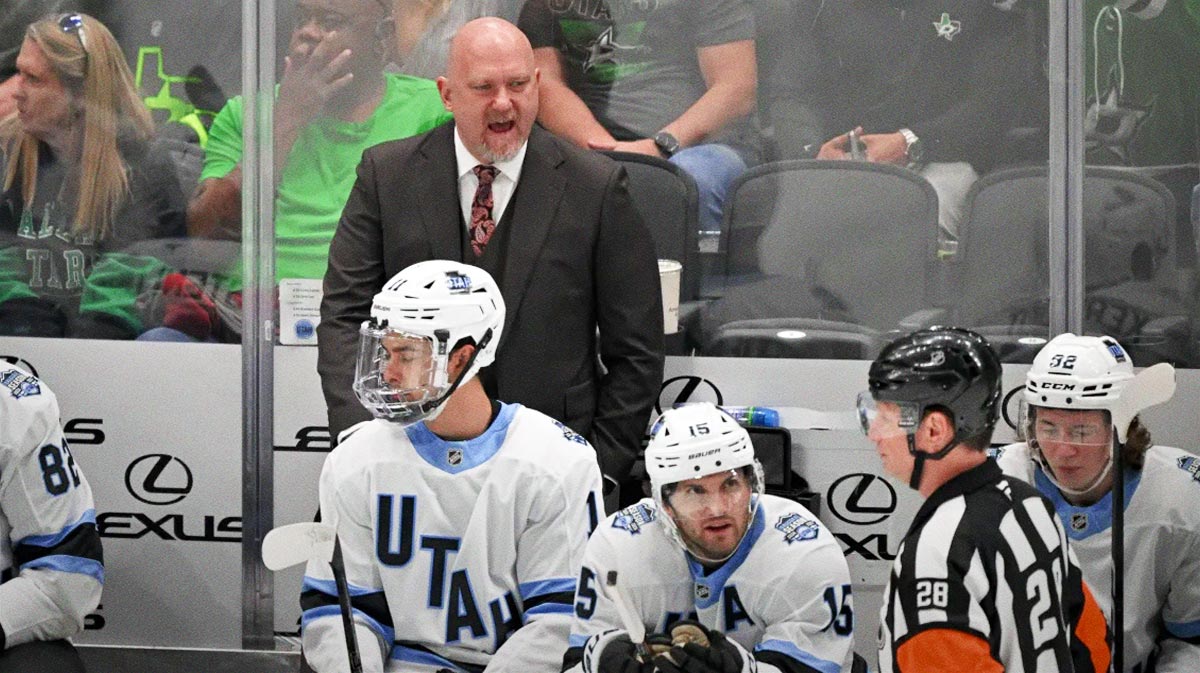 Utah Hockey Club head coach Andre Tourigny looks on during the first period against the Dallas Stars at the American Airlines Center.