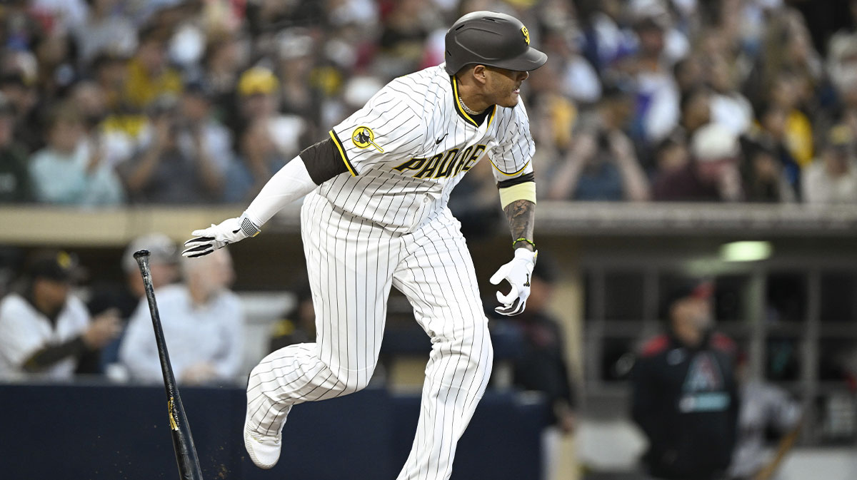 San Diego Padres third baseman Manny Machado (13) hits a single during the fourth inning against the Arizona Diamondbacks at Petco Park. The hit was his 2000th career hit.