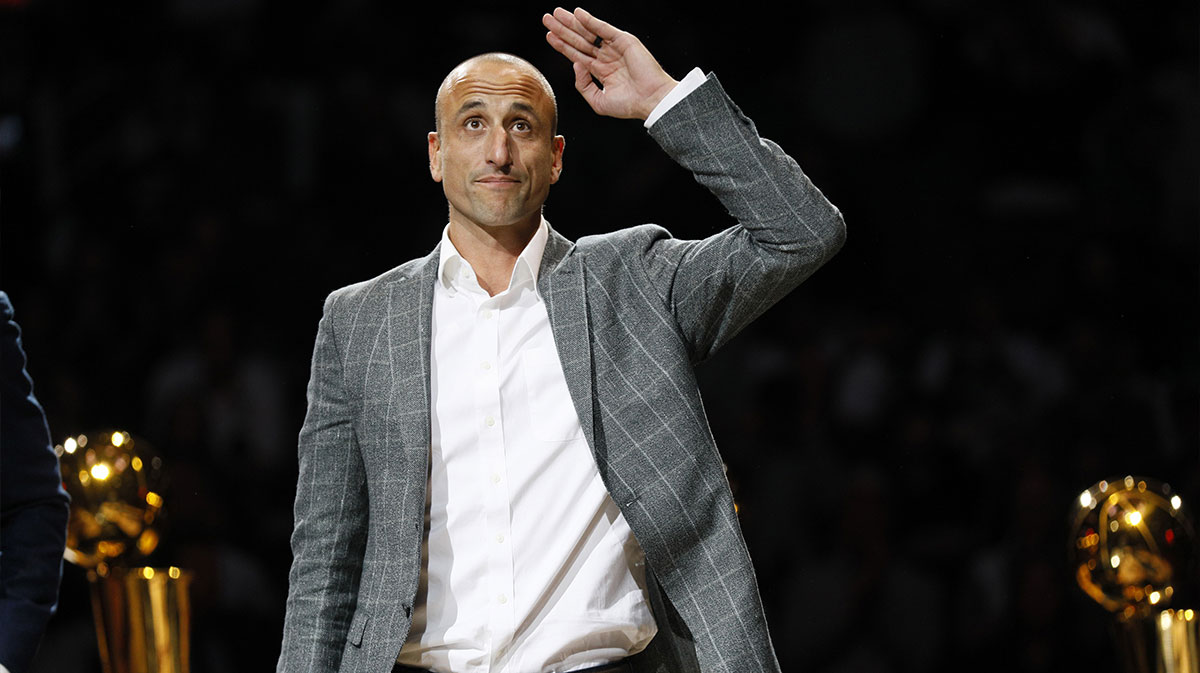 Former San Antonio Spurs player Manu Ginobili addresses the crowd during his jersey retirement ceremony at AT&T Center.