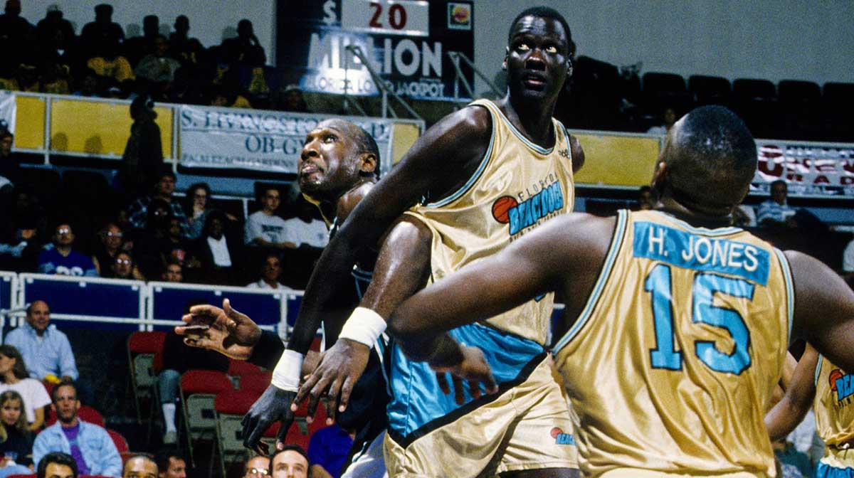 Florida Beachdogs center Manute Bol a former NBA player in action against the Sioux Falls Skyforce during a 1995 CBA game.