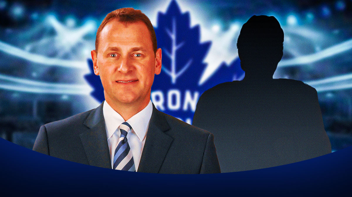 Brad Treliving (Maple LEafs GM) with a mystery player beside him and the Maple Leafs logo in the background.