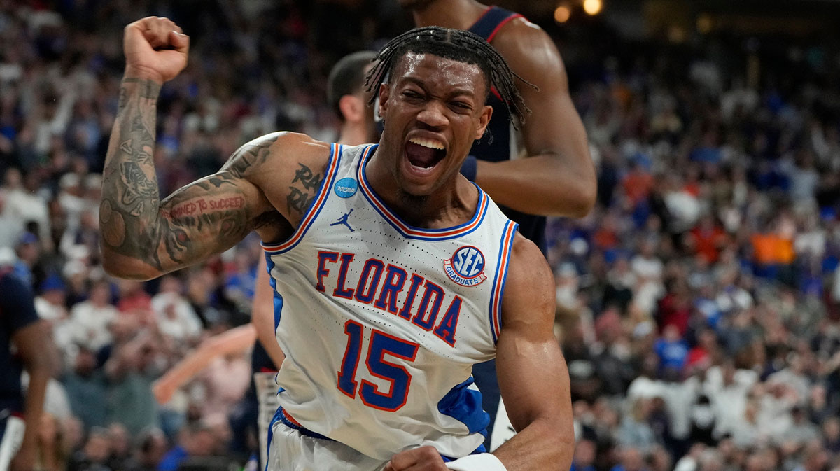 Florida Gators guard Alijah Martin (15) reacts after scoring in the second half at Lenovo Center.