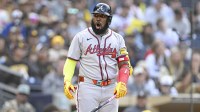 Atlanta Braves designated hitter Marcell Ozuna (20) reacts after striking out during the fourth inning against the San Diego Padres at Petco Park.