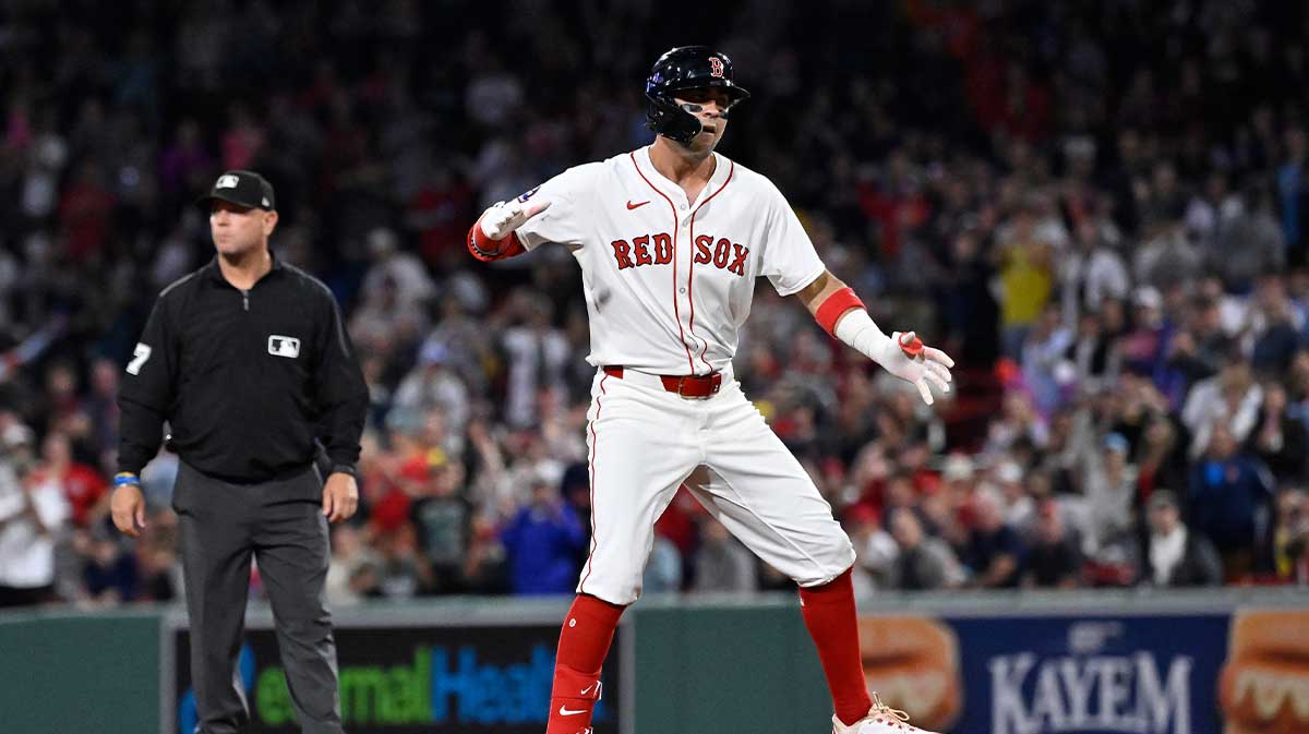 Boston Red Sox third baseman Marcelo Mayer (39) reacts to hitting a one run RBI against the Tampa Bay Rays during the seventh inning at Fenway Park.