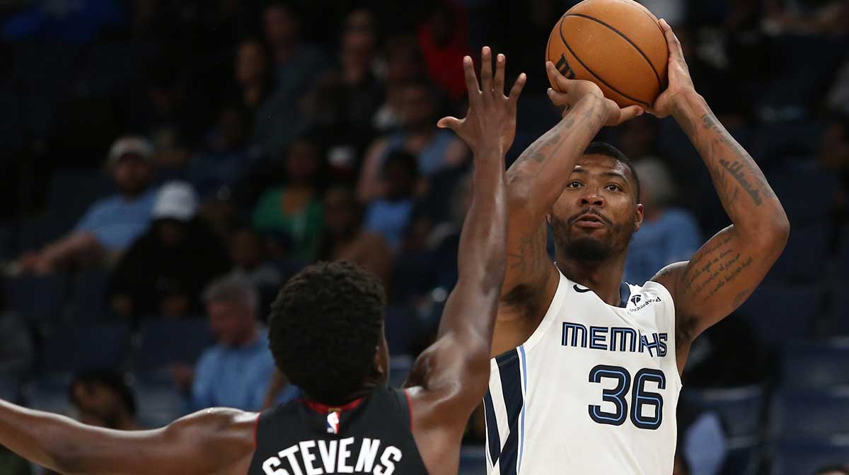 Memphis Grizzlies guard Marcus Smart (36) shoots for three over Miami Heat guard Isaiah Stevens (4) at FedExForum.