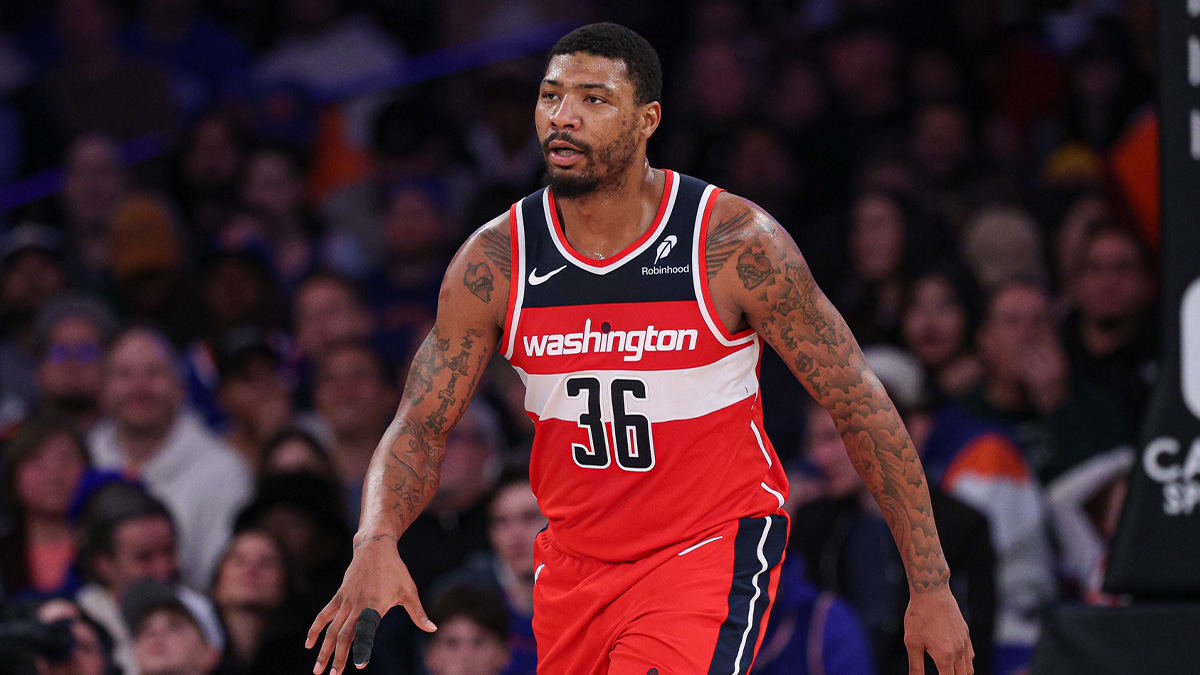Washington Wizards guard Marcus Smart (36) reacts after a basket against the New York Knicks during the second half at Madison Square Garden.