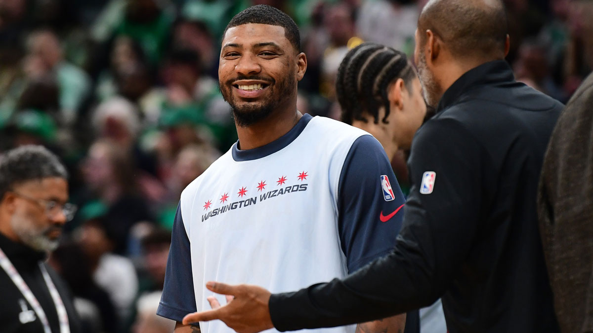 Washington Wizards guard Marcus Smart (36) smiles during a timeout in the first half again the Boston Celtics at TD Garden.