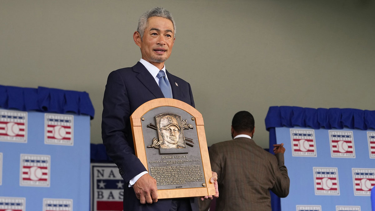 Hall of Fame inductee Ichiro Suzuki poses with his Hall of Fame plaque after the Baseball Hall of Fame Induction Ceremony at the Clark Sports Center.