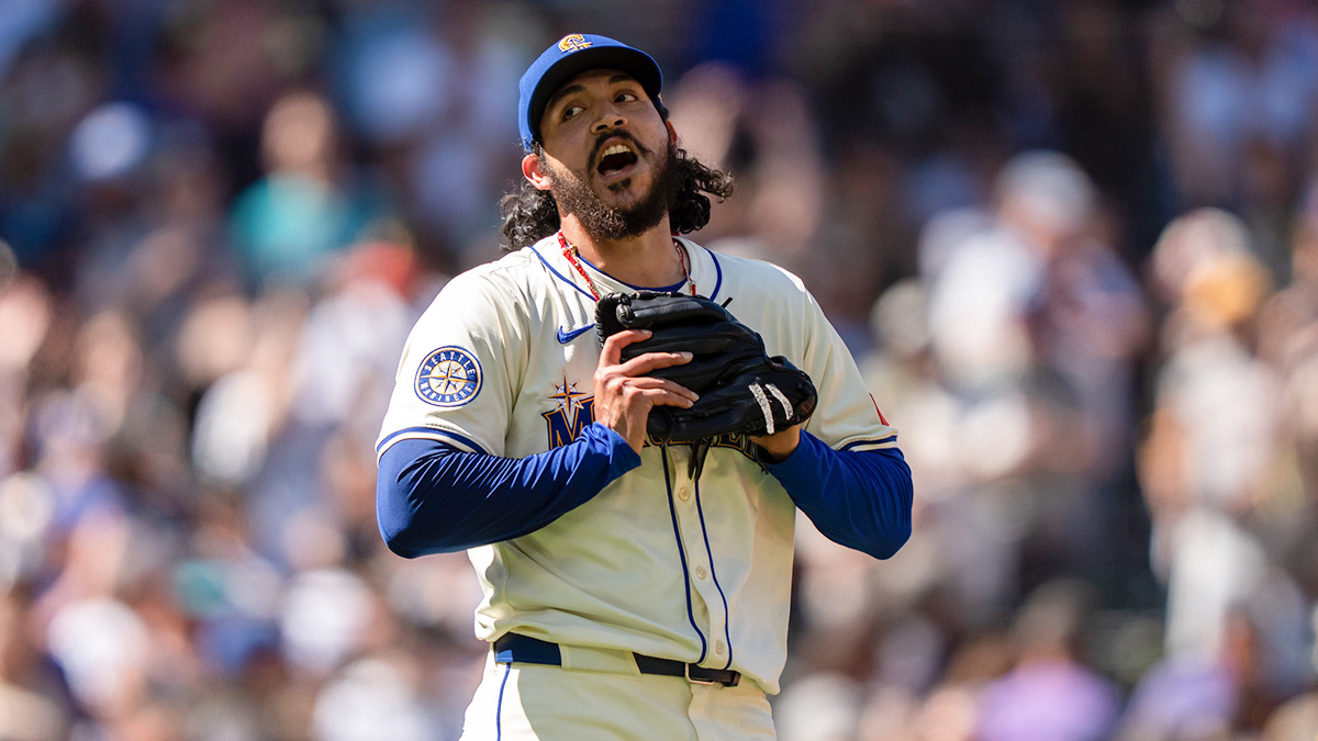 Seattle Mariners relief pitcher Andres Munoz (75) celebrates after a game against the Pittsburgh Pirates at T-Mobile Park.