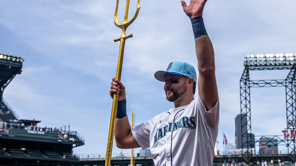 Seattle Mariners designated hitter Cal Raleigh (29) celebrates after a game against the Pittsburgh Pirates at T-Mobile Park.