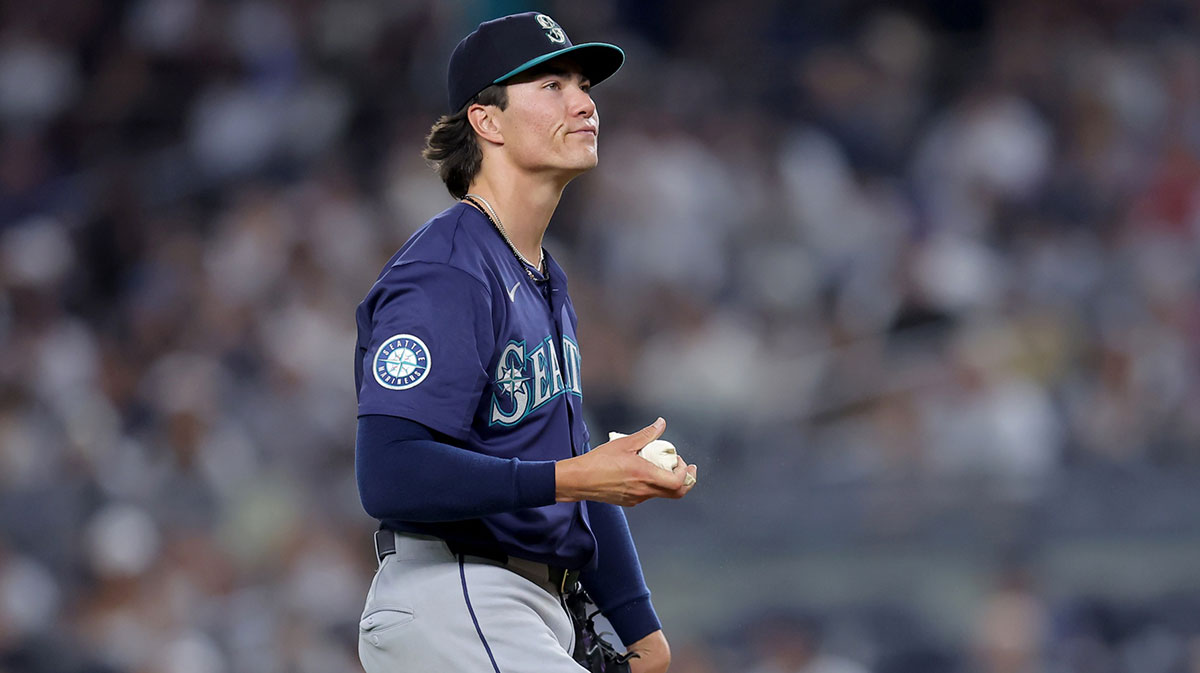 Seattle Mariners starting pitcher Bryan Woo (22) reacts after losing his no-hit bid against the New York Yankees during the eighth inning at Yankee Stadium.