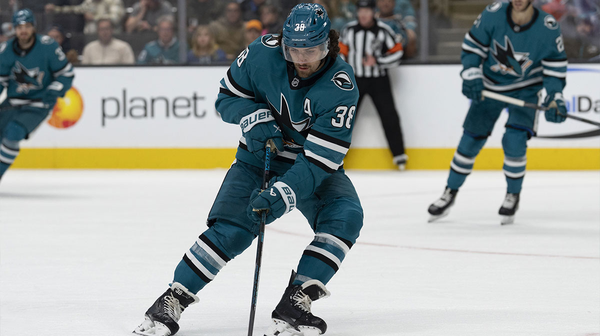 San Jose Sharks defenseman Mario Ferraro (38) controls the puck during the third period against the Calgary Flames at SAP Center at San Jose.