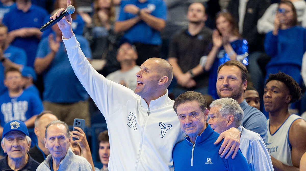 Mark Pope and Rick Pitino celebrate the upcoming basketball season during Big Blue Madness