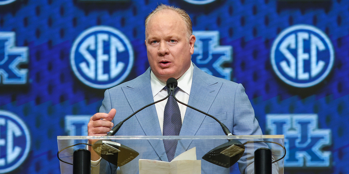 Kentucky Wildcats head coach Mark Stoops talks to the media during the SEC Media Days at Omni Atlanta Hotel.