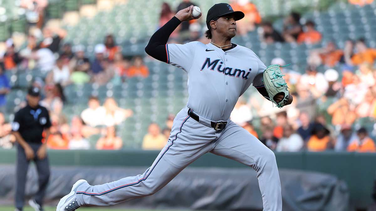 Miami Marlins pitcher Edward Cabrera (27) throws during the first inning against the Baltimore Orioles at Oriole Park at Camden Yards.