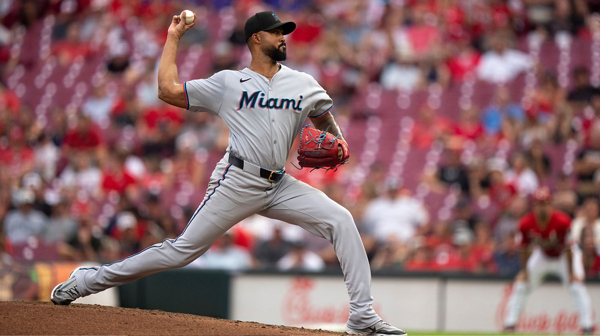 Miami Marlins pitcher Sandy Alcantara (22) delivers a pitch in the second inning between Cincinnati Reds and Miami Marlins at Great American Ball Park.
