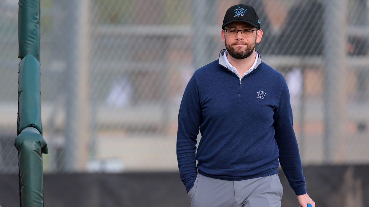 Miami Marlins president of baseball operations Peter Bendix looks on during a spring training workout at the Miami Marlins player development & scouting complex.