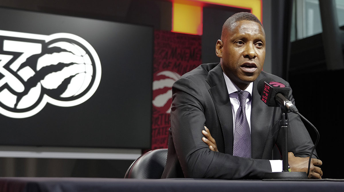 Toronto Raptors Vice-Chairman and Team President Masai Ujiri addresses the media during medi day at Scotiabank Area.