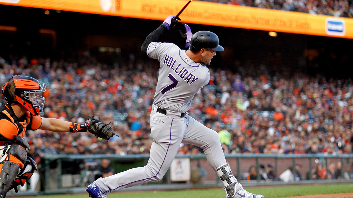 Colorado Rockies outfielder Matt Holliday (7) shatters his bat during the second inning against the San Francisco Giants at AT&T Park.