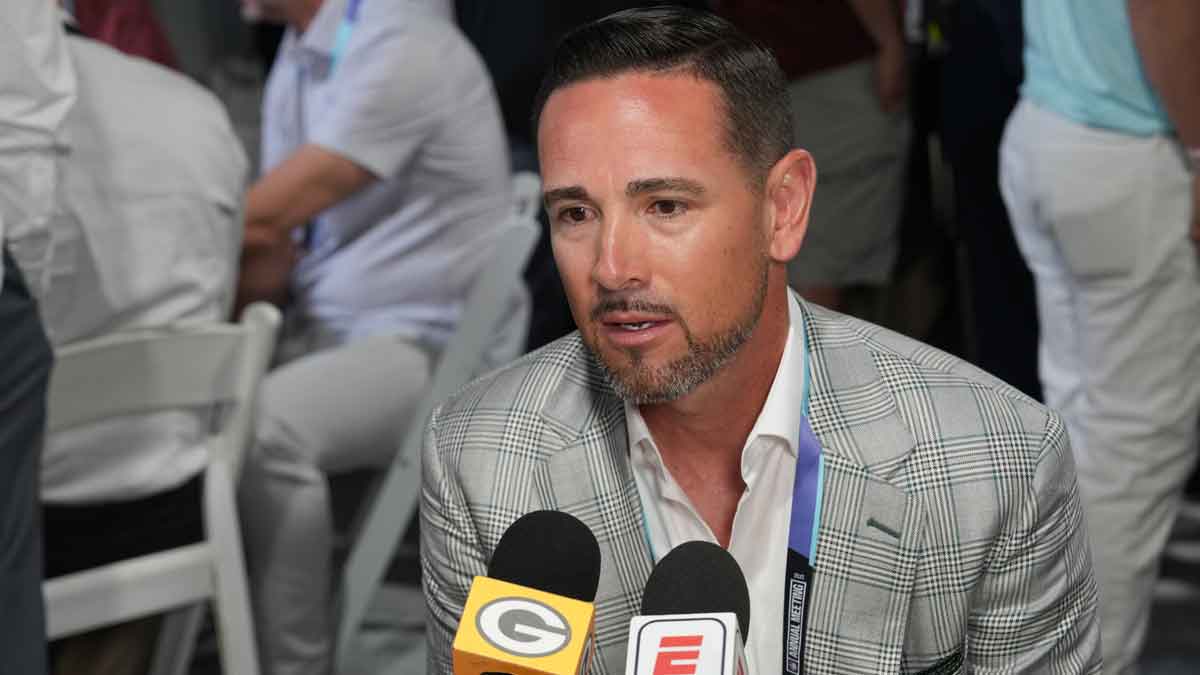 Green Bay Packers head coach Matt LaFleur answers questions from the media during the NFL Annual League Meeting.