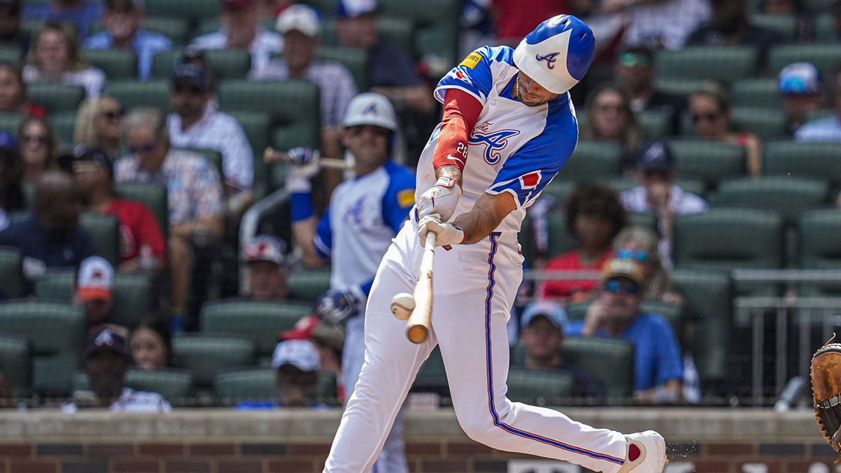Atlanta Braves first baseman Matt Olson (28) hits a home run against the Baltimore Orioles during the third inning at Truist Park.