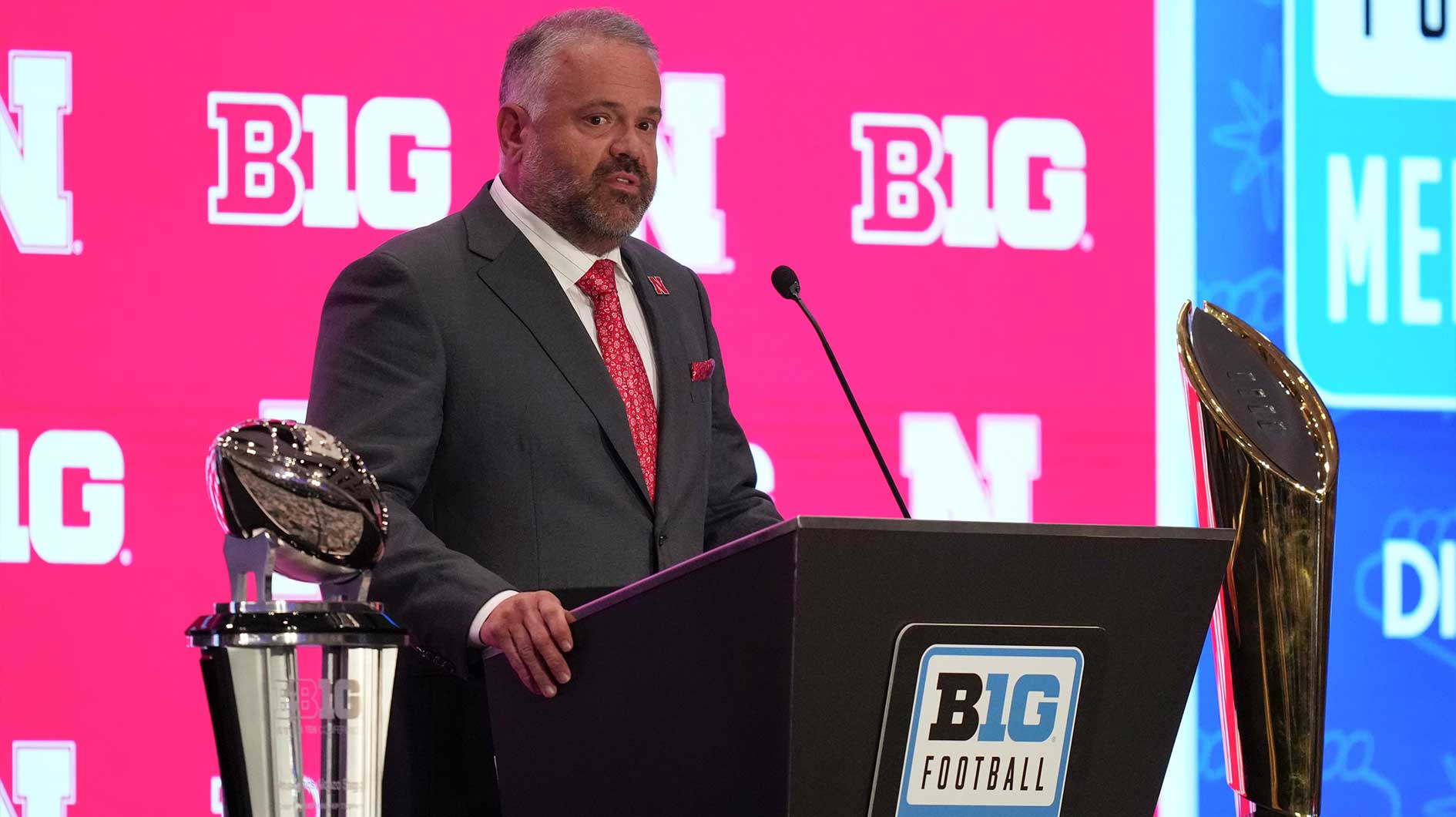 Nebraska head coach Matt Rhule speaks to the media during the Big Ten NCAA college football media days at Mandalay Bay Resort.