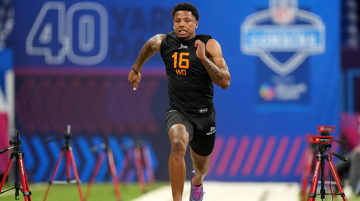 Mar 1, 2025; Indianapolis, IN, USA; Texas wideout Matthew Golden (WO16) during the 2025 NFL Combine at Lucas Oil Stadium.