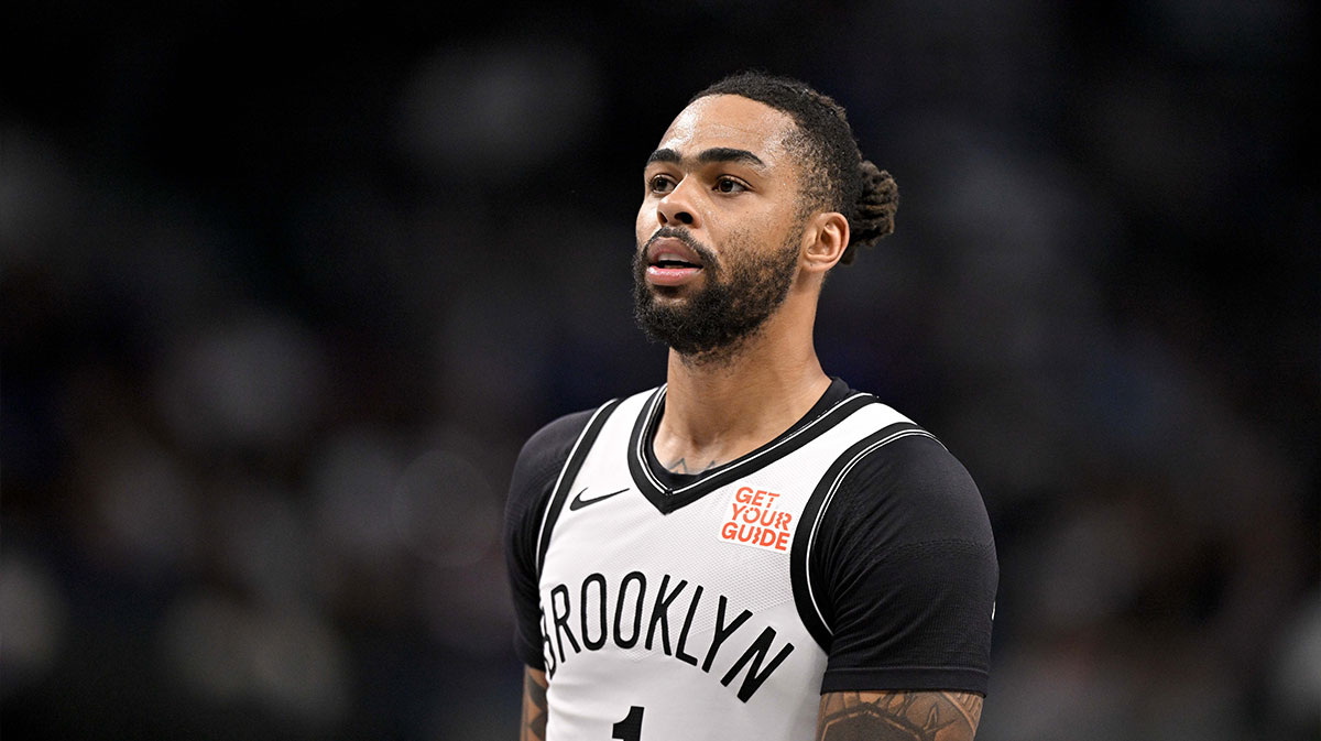 Nets guard D'Angelo Russell (1) in action during the game between the Dallas Mavericks and the Brooklyn Nets at the American Airlines Center