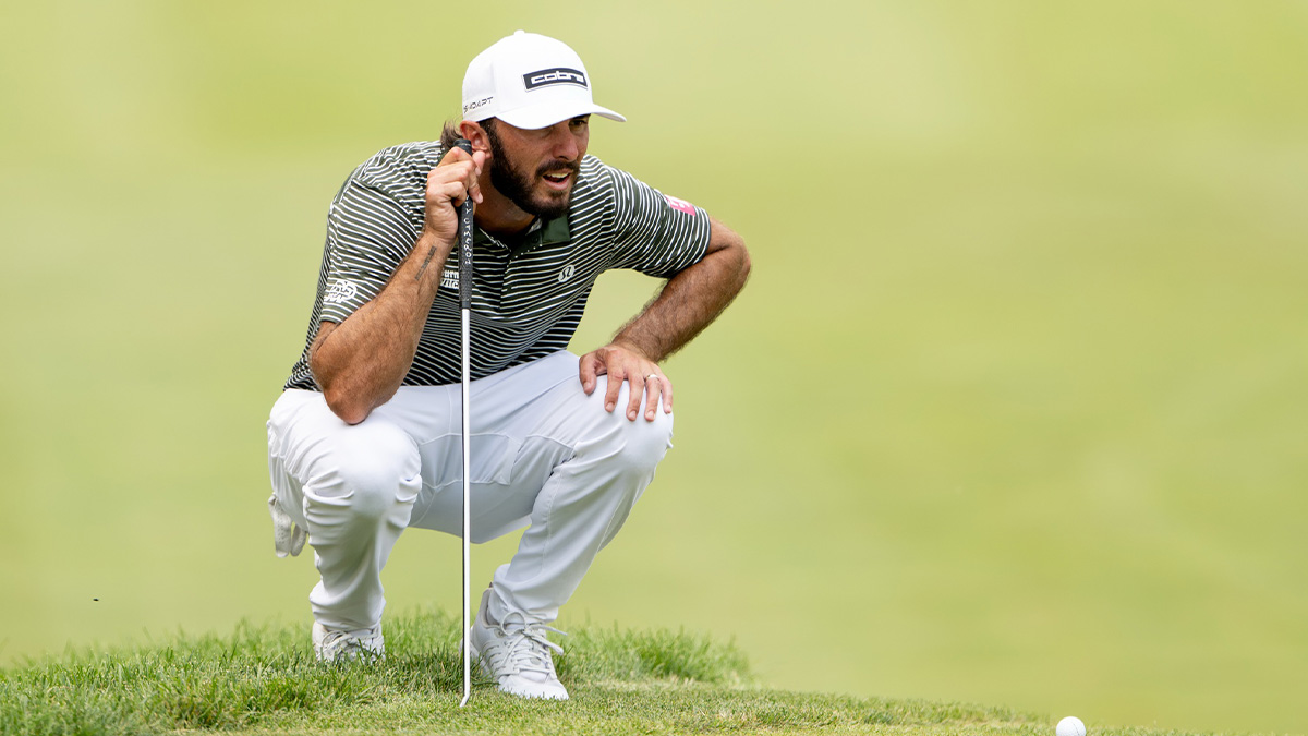 Max Homa lines up a putt on the 9th hole during the third round of the John Deere Classic golf tournament